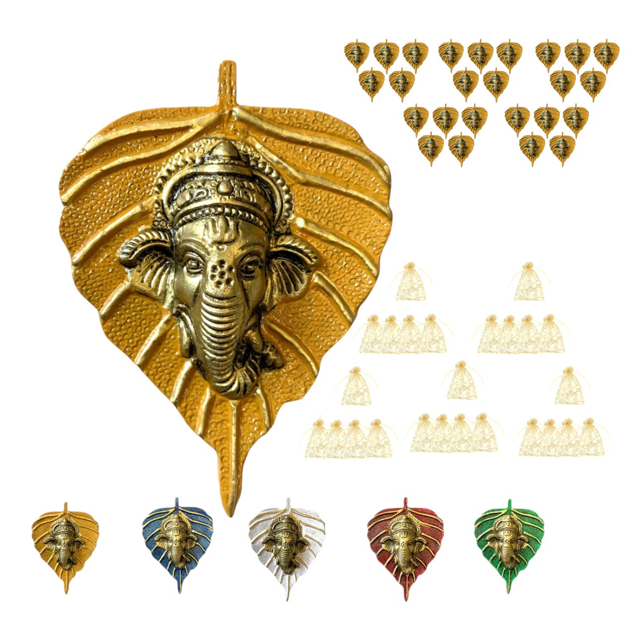 Metal Leaf Ganesha Diwali Decor Wall Hanging for Home & Office Housewarming Return Gift Pooja Favor Ganesha Decorative Wall Hanging Showpiece Pack of 1/2/5/25 Pcs